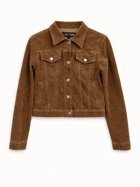 AC-3998 Brown Corduroy Cropped Jacket Size M Stretch Cotton Fitted Y2K Style